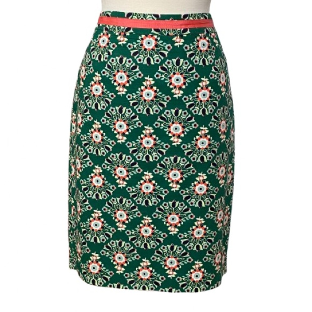 Boden Women’s Green & Pink Floral Pencil Skirt Cotton/Spandex Lined Size 14 EUC